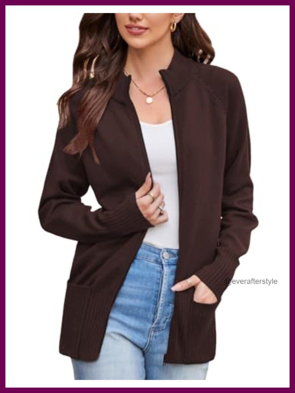 Womens Zip Up Knit Cardigan with Pockets Stand Collar Long Sleeve Sweater Coat